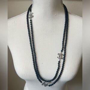 CHANEL Black Beaded Silver Crystal CC Long Necklace